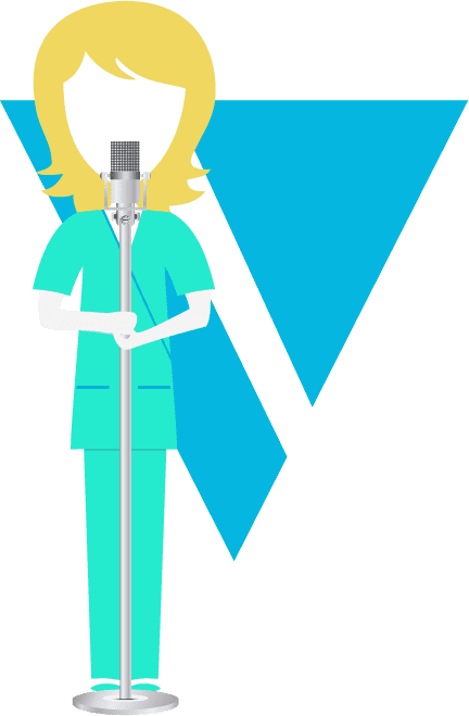 illustration woman standing at mic - V triangle background